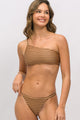 Biquíni Top Ombro Só e Calcinha Fio Duplo Listrado Brown