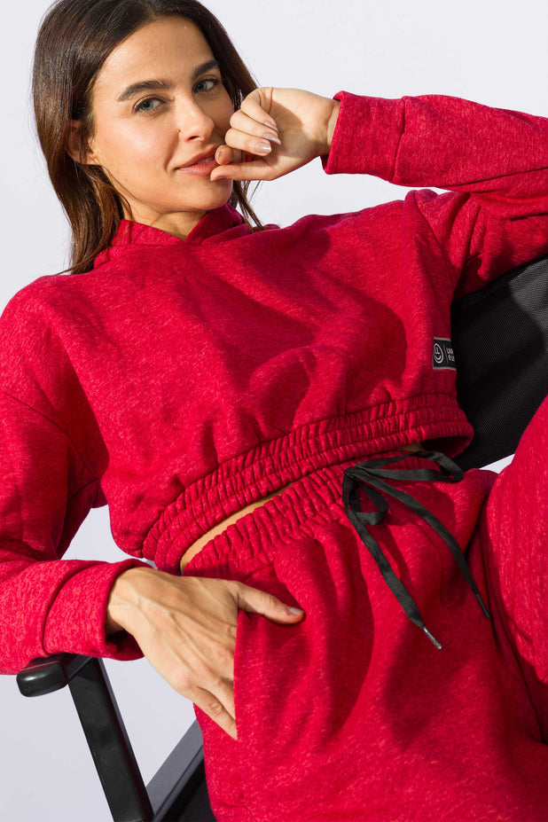 Casaco Moletom Cropped com Capuz Vermelho