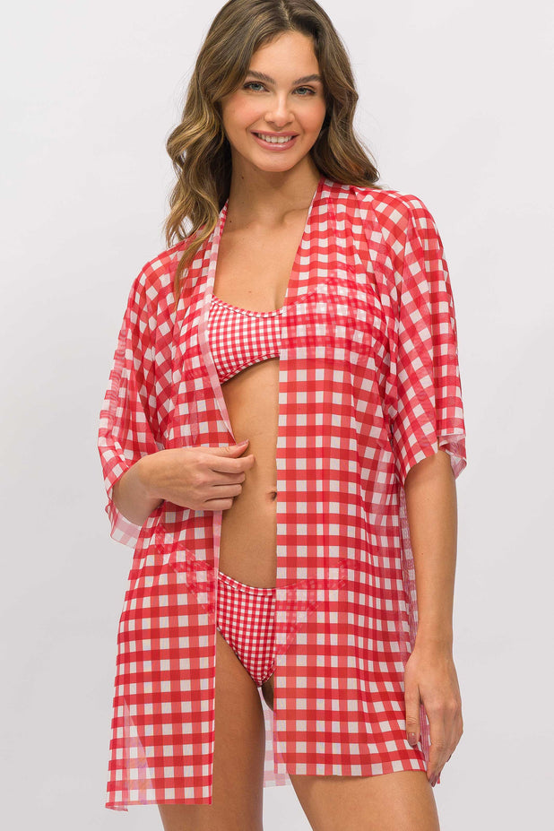 Kimono a Fio Xadrez Vermelho e Branco