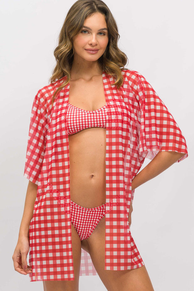 Kimono a Fio Xadrez Vermelho e Branco