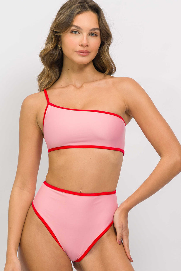 Top Ombro Só Rosa com Viés Vermelho