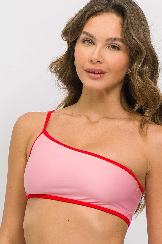 Top Ombro Só Rosa com Viés Vermelho