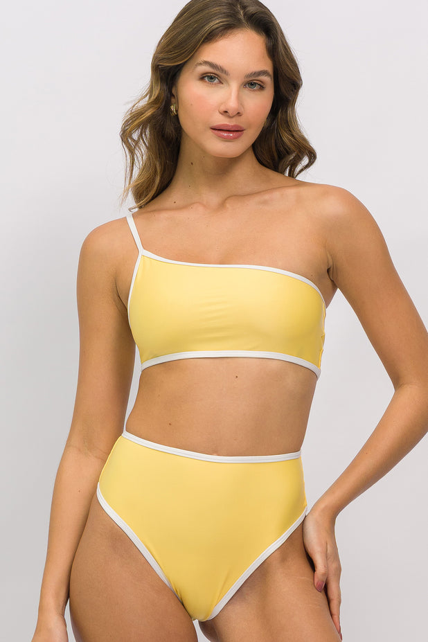 Biquíni Ombro Só e Calcinha Hot Pants Amarelo com Viés Branco