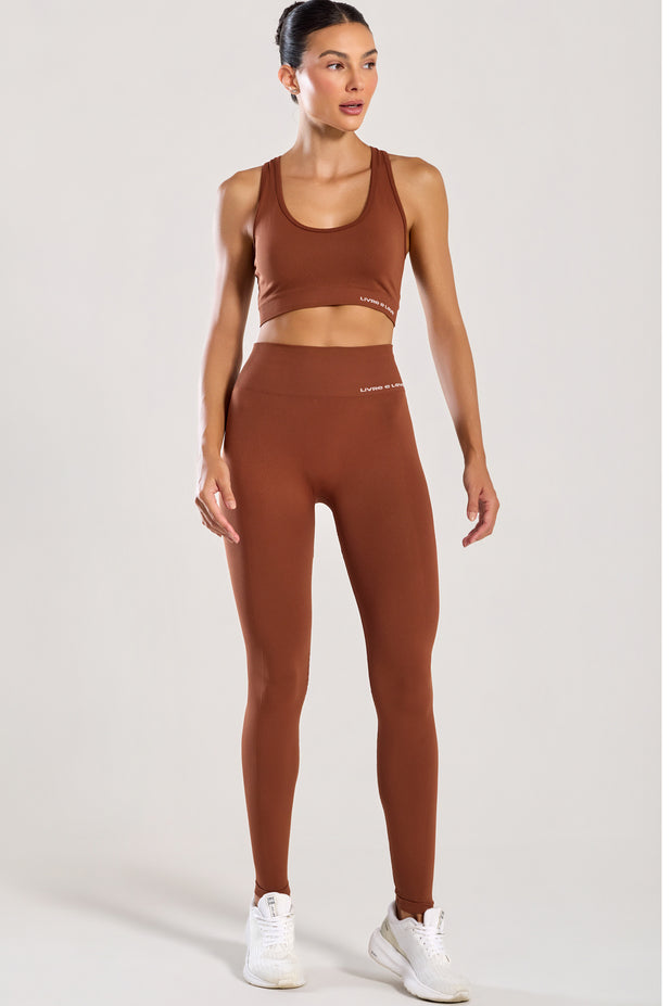 Conjunto Top Nadador e Legging Sem Costura Marrom