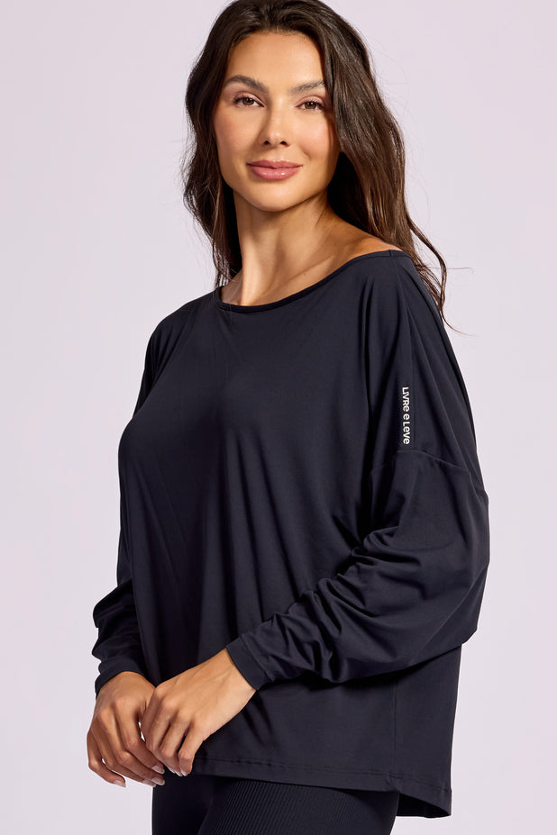 Blusa Manga Longa Ombro Caído Preta