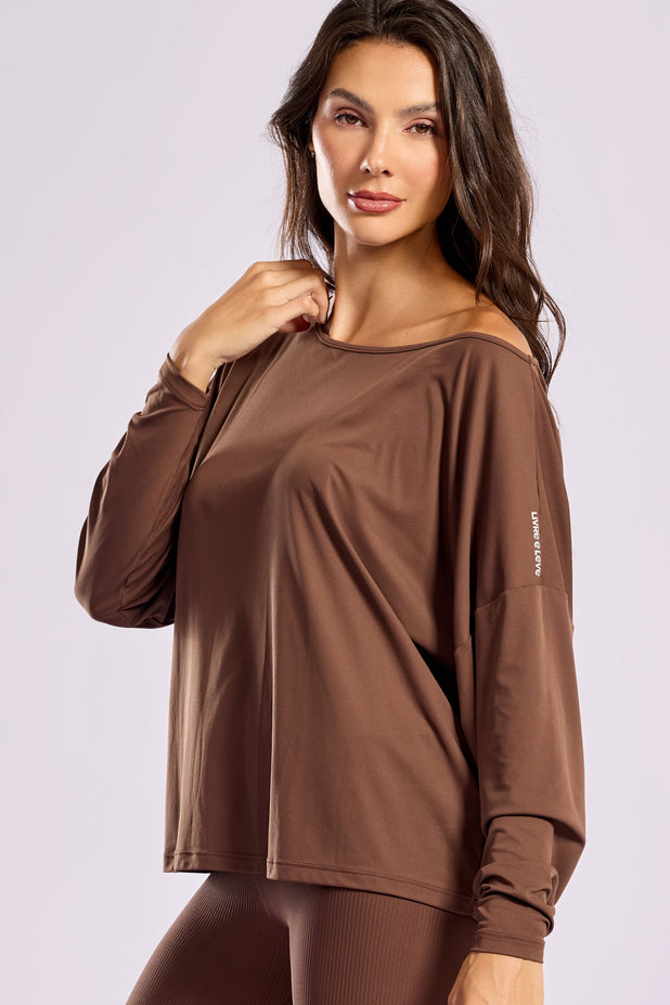 Blusa Manga Longa Ombro Caído Marrom