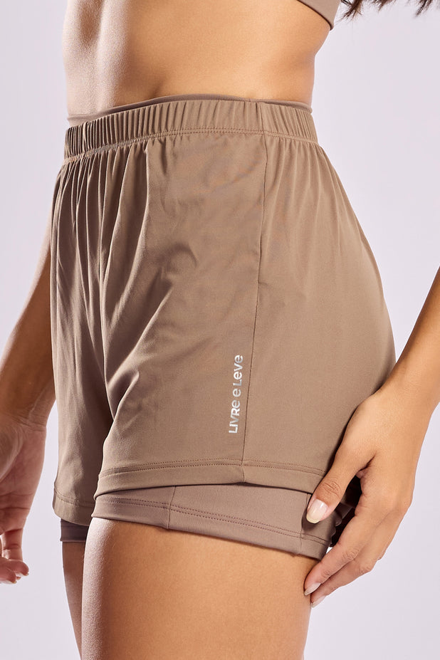 Short de Poliamida com Bolso Lateral Marrom Claro