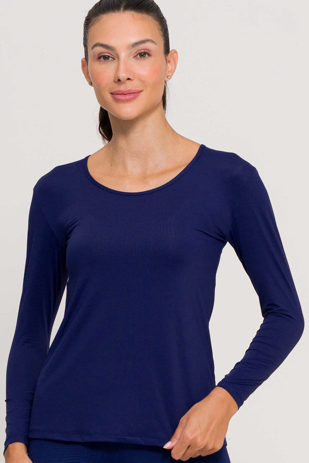 Blusa Manga Longa Arredondada Marinho