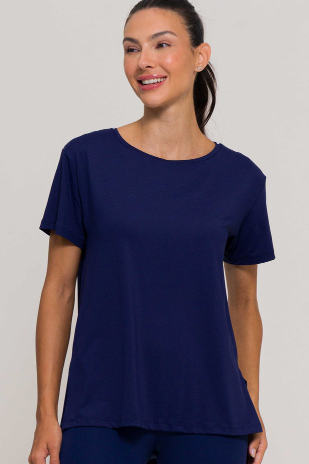 Blusa com Fenda na Lateral Marinho