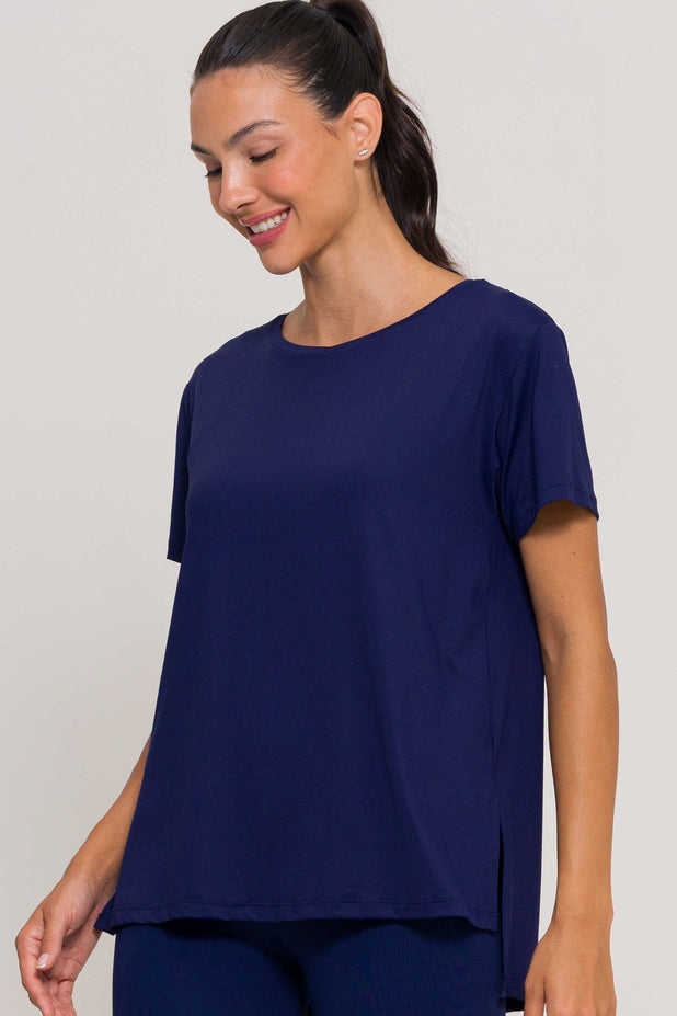 Blusa com Fenda na Lateral Marinho