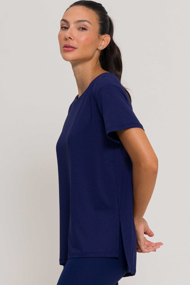 Blusa com Fenda na Lateral Marinho