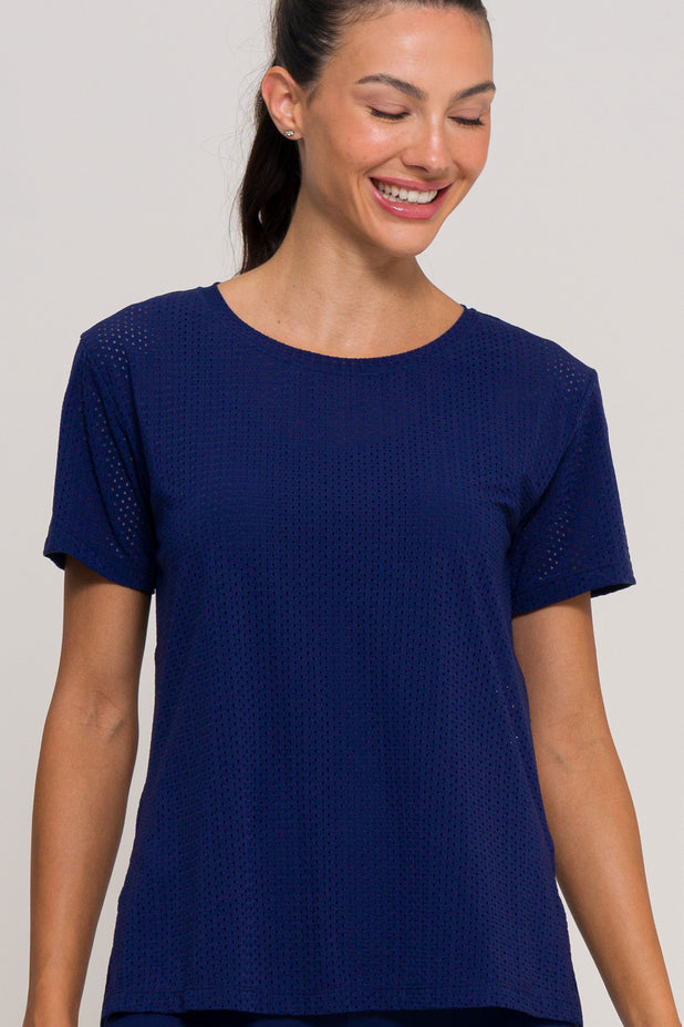 Blusa com Fenda Lateral Furadinha Marinho
