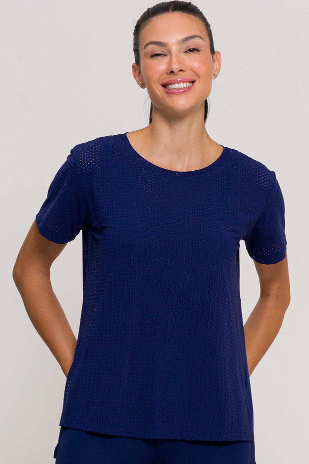 Blusa com Fenda Lateral Furadinha Marinho