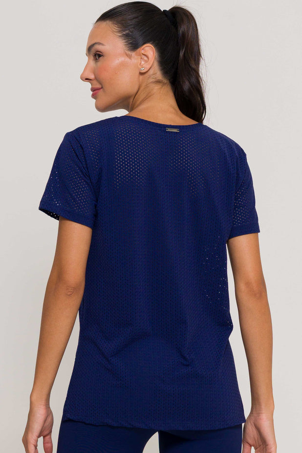 Blusa com Fenda Lateral Furadinha Marinho