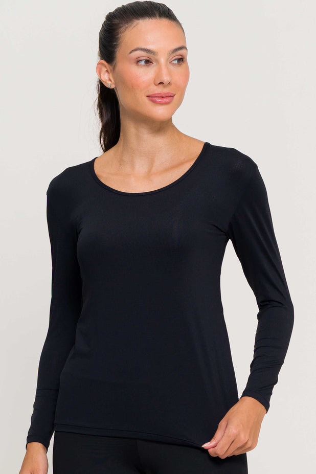 Blusa Manga Longa de Poliamida Preta