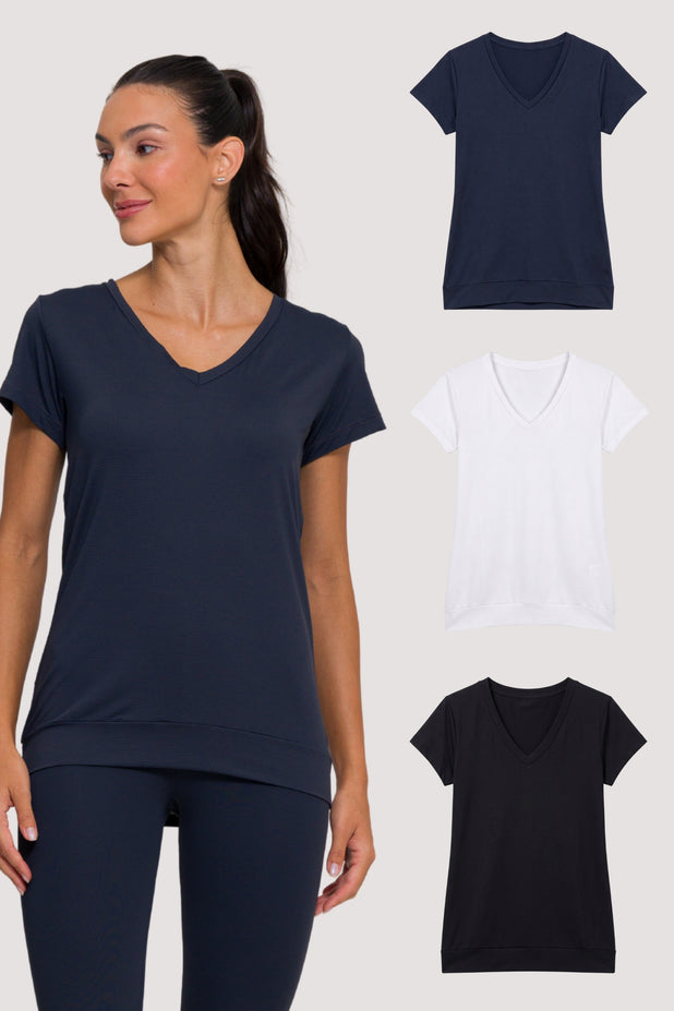 Kit com 3 Blusas Poliamida Gola V