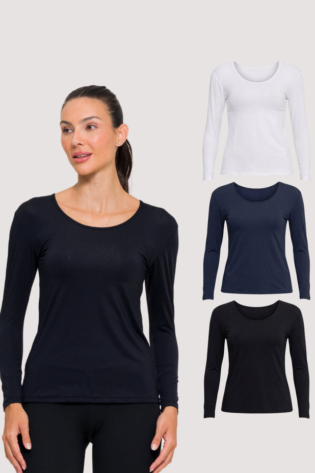 Kit 3 Blusa Manga Longa Arredondada