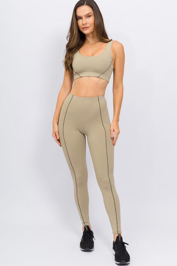 Legging Cós Elástico e Detalhe Bege