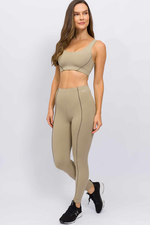 Conjunto Top Regata e Legging Cós Elástico e Detalhe Bege